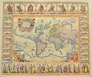 Weltkarte, Reprint nach dem Original von 1626, handcoloriert.