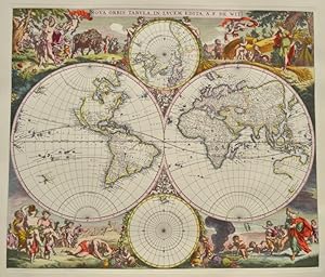 Weltkarte, Reprint nach dem Original von 1673, handcoloriert.