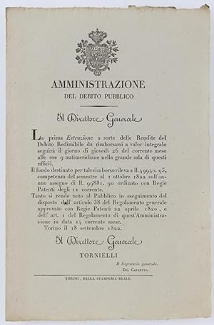 AMMINISTRAZIONE DEL DEBITO PUBBLICO. Torino, 18 settembre 1822.:
