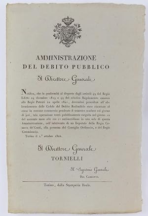 AMMINISTRAZIONE DEL DEBITO PUBBLICO. Tiorino, 1 ottobre 1822.: