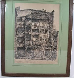 Dessin original d'une maison à pans de bois à Rouen.
