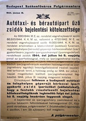 Autótaxi- és bérautóipart üzö zsidók bejelentési kötelezettsége. / Autótaxi- és bérautóipart Å±zÅ...