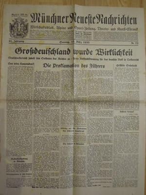 Münchner Neueste Nachrichten Nr. 72 vom 13. März 1938. Titelseite mit der Schlagzeile "Großdeutsc...