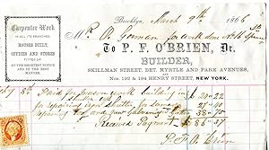 P. F. O'Brien, Carpenter Builder 19th century Bill Head with Revenue Stamps