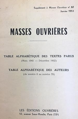 MASSES OUVRIERES, SUPPLEMENT AU NÂ° 82, JAN. 1953, TABLE ALPHABETIQUE DES TEXTES PARUS (MARS 1945...