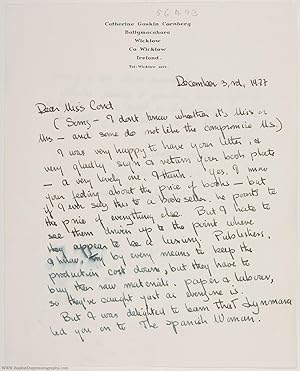 Autograph Letter Signed to Eileen Cond, (Catherine, 1929-2009, Irish-Australian-born Novelist)