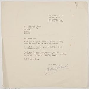 Typed Letter Signed to Miss Eileen M. Cond, (D'Arcy, 1917-1967, Australian Novelist and Short-Sto...