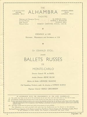Ballets Russes de Monte-Carlo Director General - W. de Basil Artistic Director - Renée Blum Maîtr...
