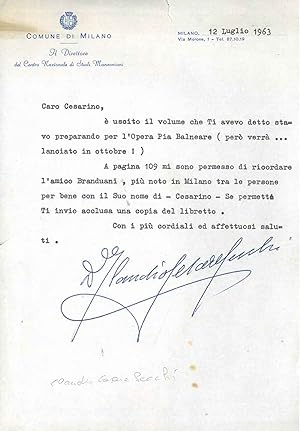Carta intestata: "Comune di Milano, Il Direttore del Centro di Studi Manzoniani", datata "12 lugl...