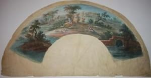 Eighteenth Century Gouache French Fan Design of a Bucolic Setting, with Peasants, a Peacock and O...