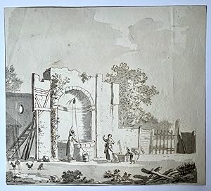 [Antique drawing, 19th century] Landscape with a ruin and women beside a well, 19th century, 1 p.