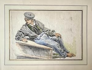 [Antique drawing, ca 1850] Reclining sailor with french sailor's bonnet (leaf from a sketchbook),...