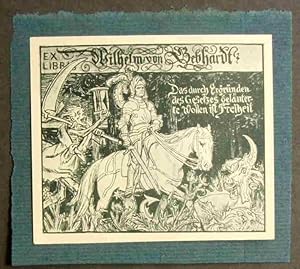 Ex Libris Wilhelm von Gebhardt. Reiter in Rüstung auf Pferd reitend, Schwert in rechter Hand. Hin...