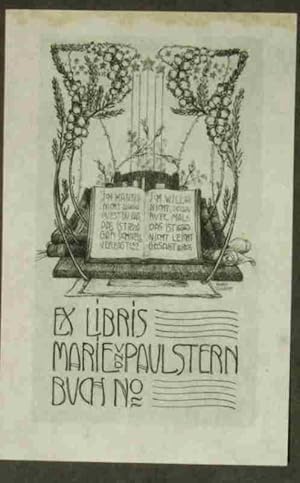 Ex Libris Marie und Paul Stern. Buch No. 2. Aufgeschlagenes Buch, florale Umrahmung, Text im Buch...