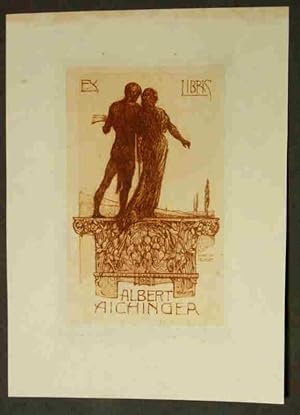 Ex Libris Albert Aichinger. Paar, auf einem dekorativem Brückenpfeiler stehend und in die Ferne s...