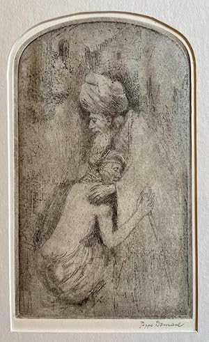 Antique Etching (Dry Point) - Return of Prodigal Son: Two Men with Turbans - P. Damave, made betw...