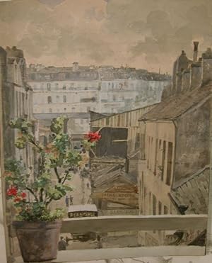 Aquarelle originale représentant une rue animée de Paris, vue d'une fenêtre du second étage, un g...