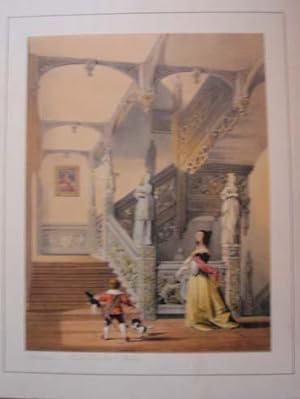 A Fine Original Hand Coloured Lithograph Illustration of the Staircase at Aldermaston in Berkshir...