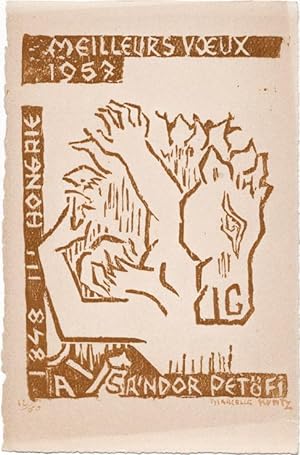 Marcelle Kuntz : carte de voeux pour 1957 et gravure sur bois Originale