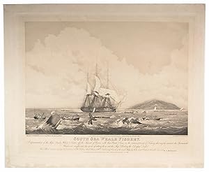 South Sea whale fishery. A representation of the ships Amelia Wilson & Castor off the Island of B...