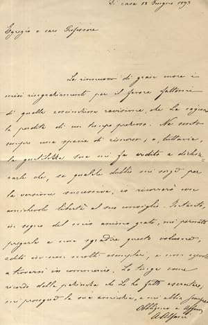 Lettera autografa manoscritta firmata, stesa su una facciata, indirizzata al professor Lodovico B...