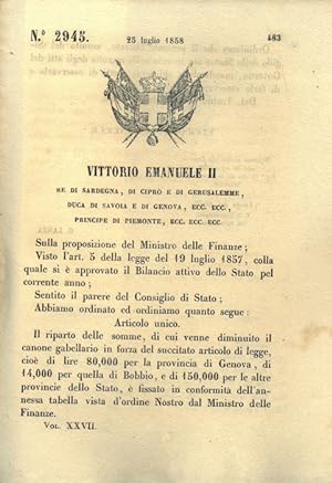relativo alla ripartizione delle somme per la provincia di Genova e per quella di Bobbio.