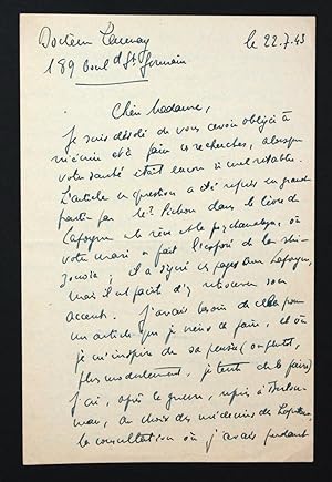 Lettre autographe signée à Hélène Pichon-Janet à propos d'Edouard Pichon