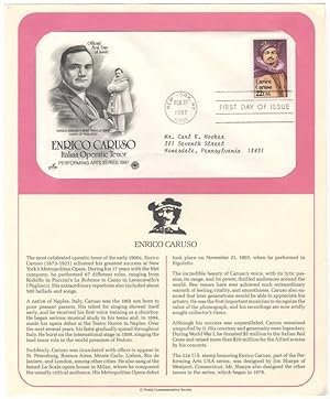 Official First Day of Issue envelope with two portraits of Caruso at left, one in formal dress an...