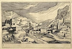 Antique print, etching | City in a river valley, published 1611, 1 p.