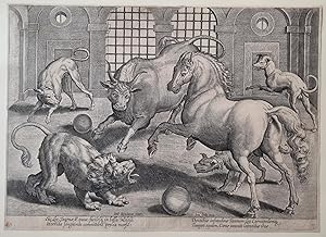 [Antique print, engraving, 1568] Fight among a lion, horse bull and dogs [set title: Venationes F...