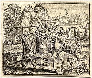 Antique Original Etching 1617 - An ass/donkey (ezel) carrying food [Vorstelycke Warande der Diere...