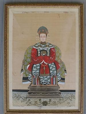 A Pair of Qing Dynasty Ancestor Portraits, the Court Official in deep blue robes, his wife in red