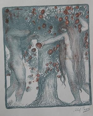 Lithographie originale couleurs imprimée en Palestine. Frontispice (Adam et Eve)