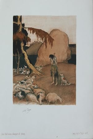 Lithographie originale couleurs imprimée en Palestine.And Abel was a keeper of sheep