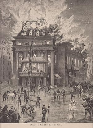 orig. Holzstich - Brand der römischen Oper in Paris - Feuerwehr