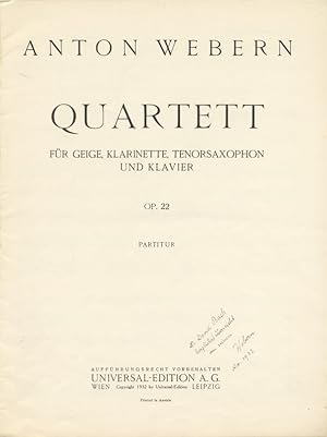 [Op. 22]. Quartett für Geige, Klarinette, Tenorsaxophon und Klavier. [Full score]