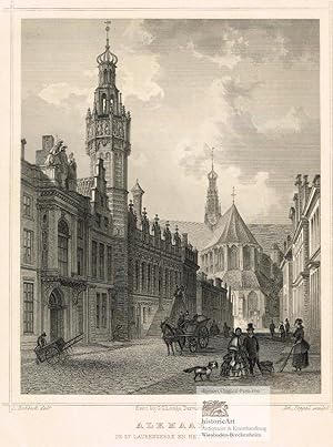 Alkmaar. De St. Laurenskerk en het Stadhuis. Schöne Ansicht der protestantischen Laurenskirche mi...