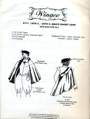 PATTERNS: WINGEO: #111: 14TH TO 20TH CENTURY MAN'S SHORT CAPE: One Size Fits All