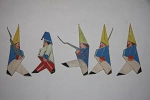 Charming group of hand-made and painted folk art origami figures, including fourteen soldiers, th...