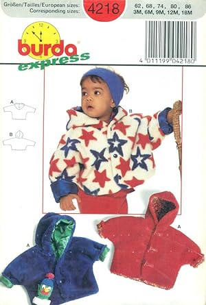 BURDA SEWING PATTERN: #4218: Toddler's Hooded Jacket: Sizes: 3M to 18M