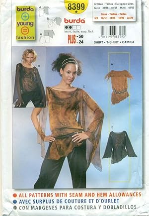 BURDA SEWING PATTERN: #8399: BURDA YOUNG FASHION: Misses' Semi-Fitted Shirt, T-Shirt: Size: 8 to 24