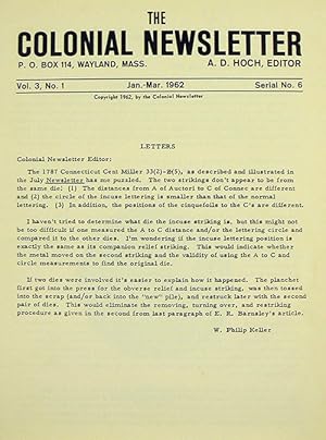 THE COLONIAL NEWSLETTER. Vol. 3, No. 1 (Serial No. 6)