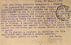 Lettera dattiloscritta con firma autografa, stesa su una cartolina. Indirizzata al prof. Antonio ...