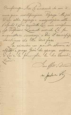 Lettera manoscritta in chiarissima grafia (forse di segretario), con firma autografa del vescovo ...