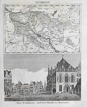 "Bremen. Das Rathaus und der Markt in Bremen" originaler Kupferstich/copper engraving ca.22x18cm ...