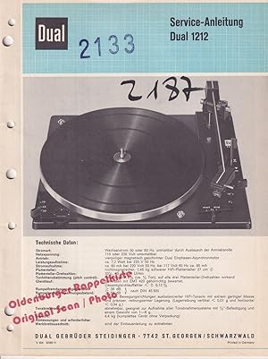 Service Manual DUAL 1212 (Plattenspieler) - Original-Schaltungsunterlagen (1969) - Dual Gebrüder ...