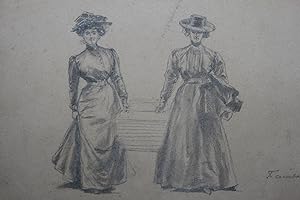 Dessin original Deux femmes en robe et chapeaux