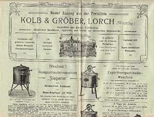 Neuer Auszug aus der Preisliste Kolb & Gröber, Lorch (Württbg.). Spezialität und direkte Fabrikat...