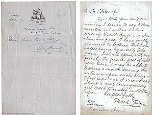 Fine Autograph Letter Signed "Mark Twain" to "The Editor" (Mark, 1835-1910, pseudonym of Samuel L...