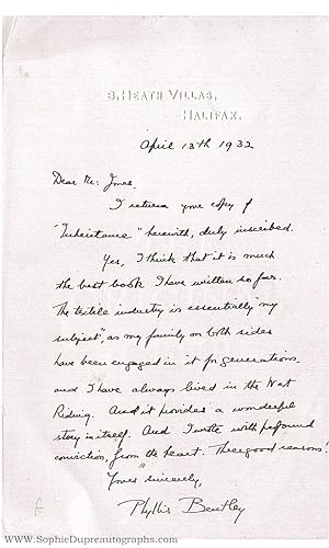 Autograph letter signed to Mr Jones (Phyllis Eleanor, 1894 -1977, English novelist)